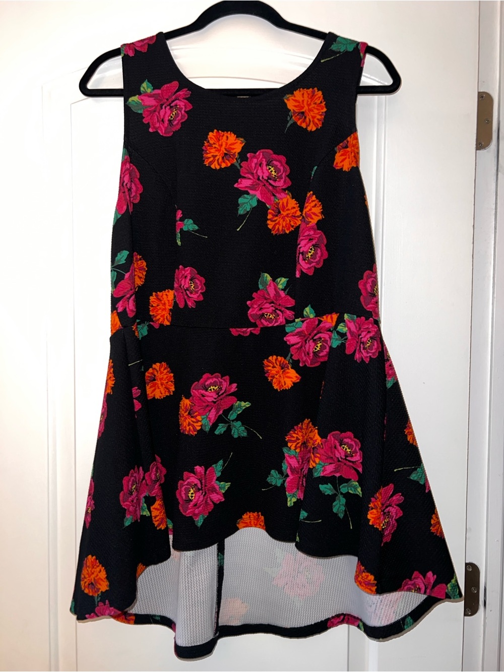 Floral Peplum Tank Top — Black with Pink & Orange Blooms